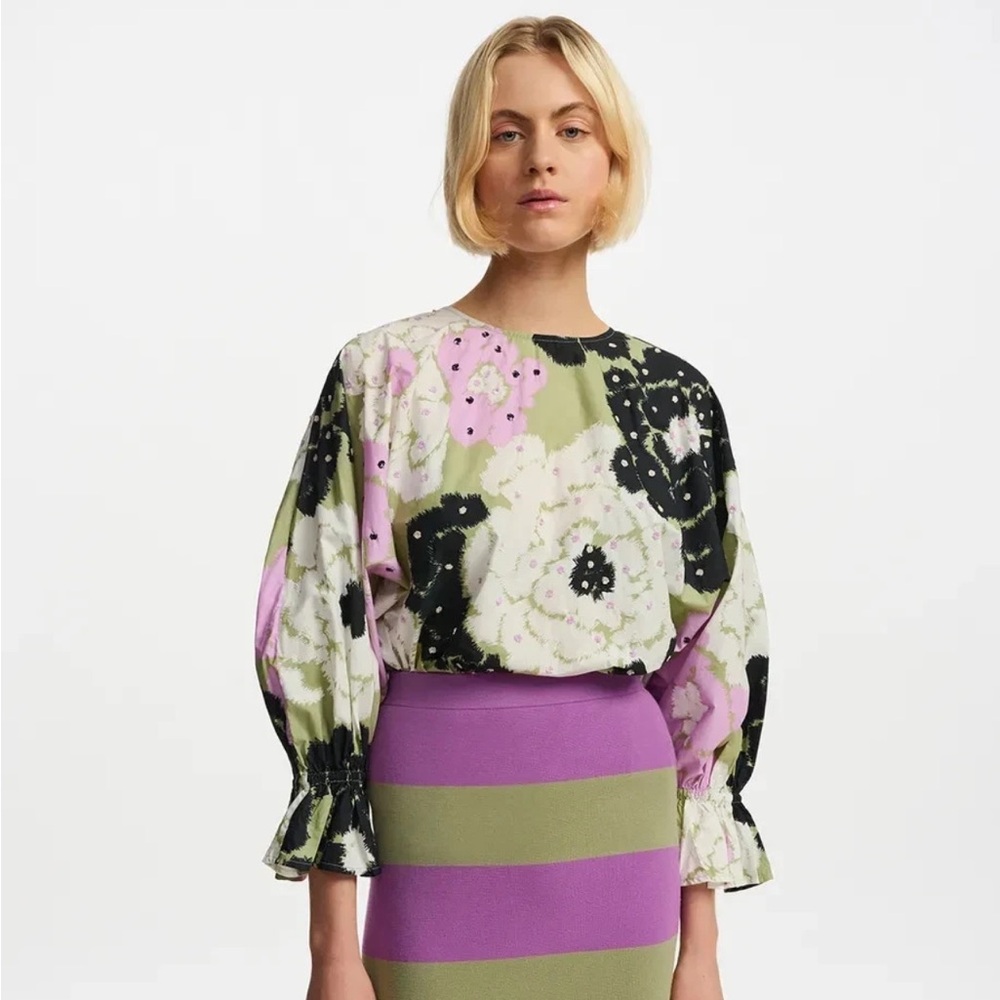 Essentiel Antwerp Fulberry Khaki Lilac Puff Sleeve Floral Blouse XS Preppy Artsy